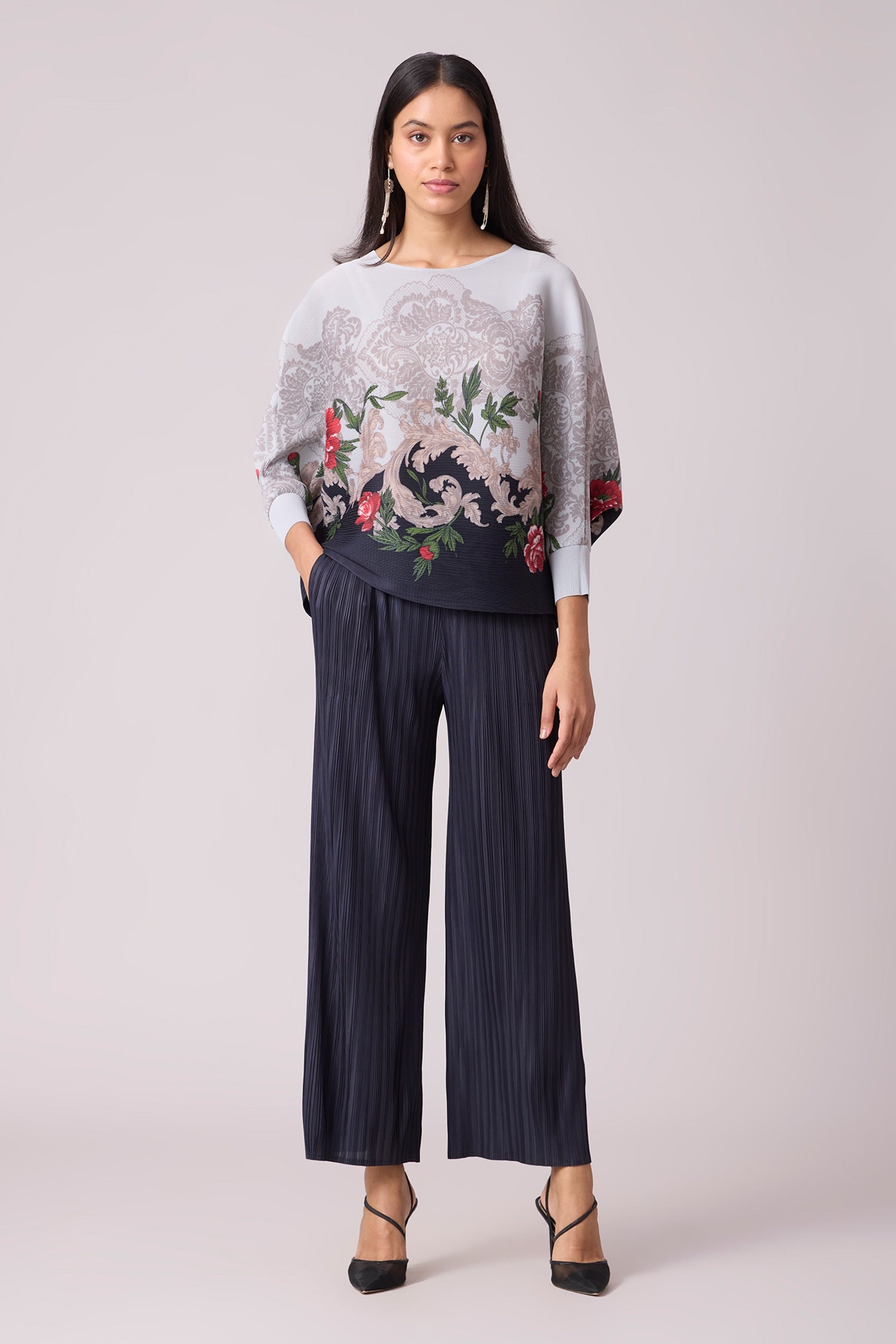 Blue 100% Polyester Printed Art Deco Floral Adela Top And Pant Set For Women