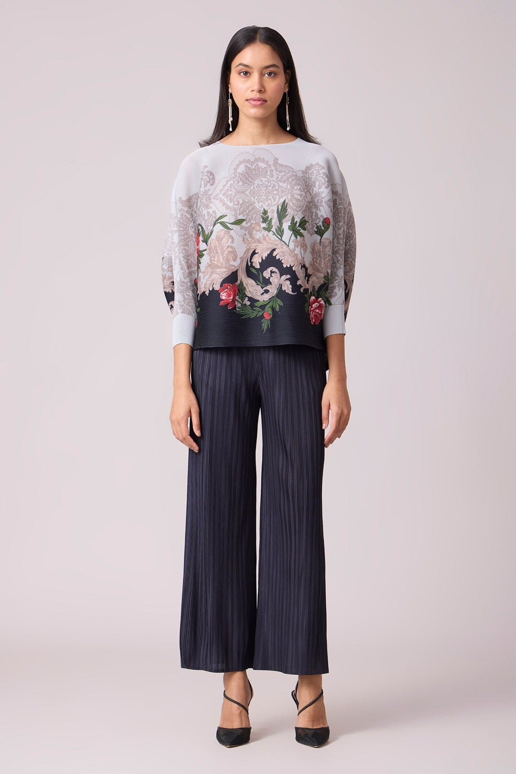 Blue 100% Polyester Printed Art Deco Floral Adela Top And Pant Set For Women