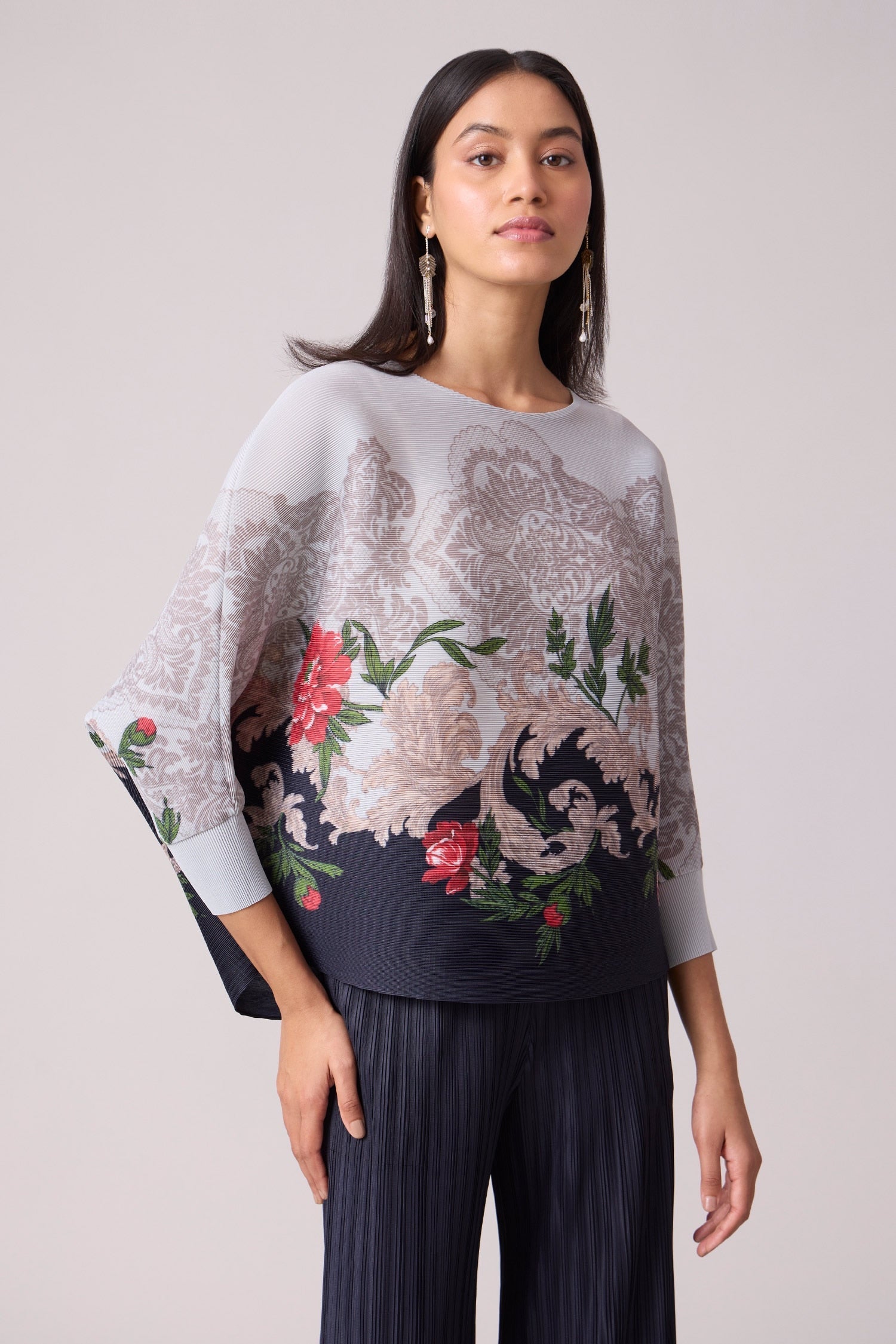 Blue 100% Polyester Printed Art Deco Floral Adela Top And Pant Set For Women