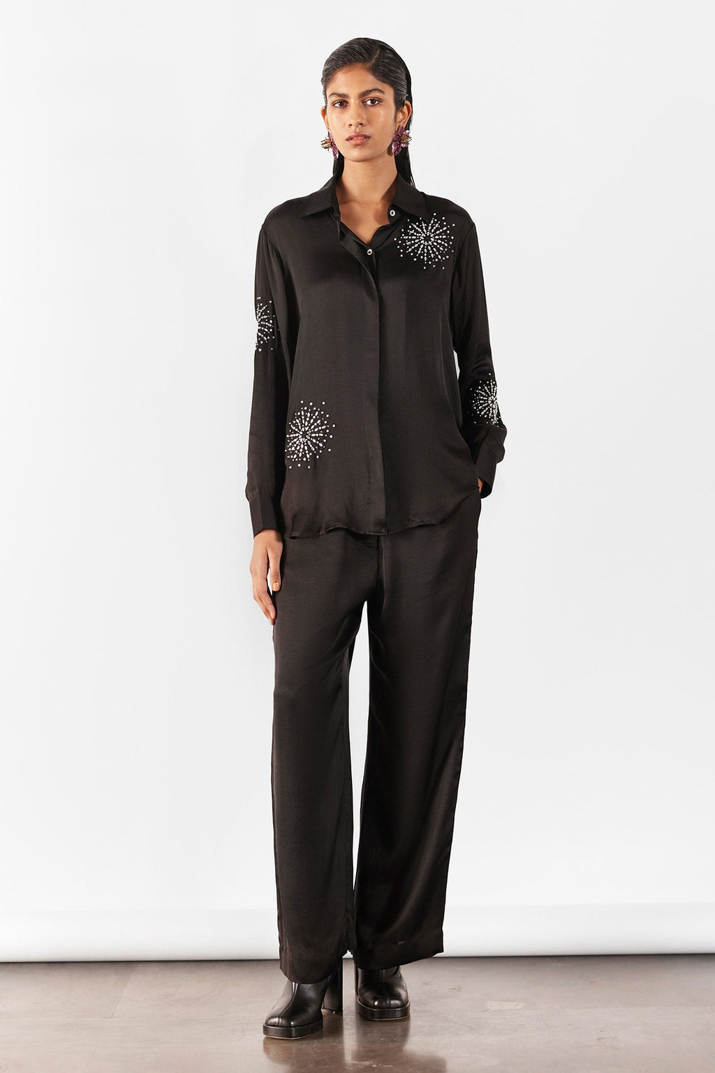 Black Vegan Silk Hand Embroidery Swarvoski Brunia Snowflake Shirt And Pant Set