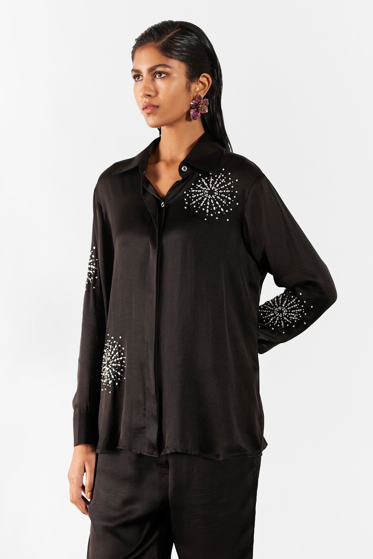 Black Vegan Silk Hand Embroidery Swarvoski Brunia Snowflake Shirt And Pant Set
