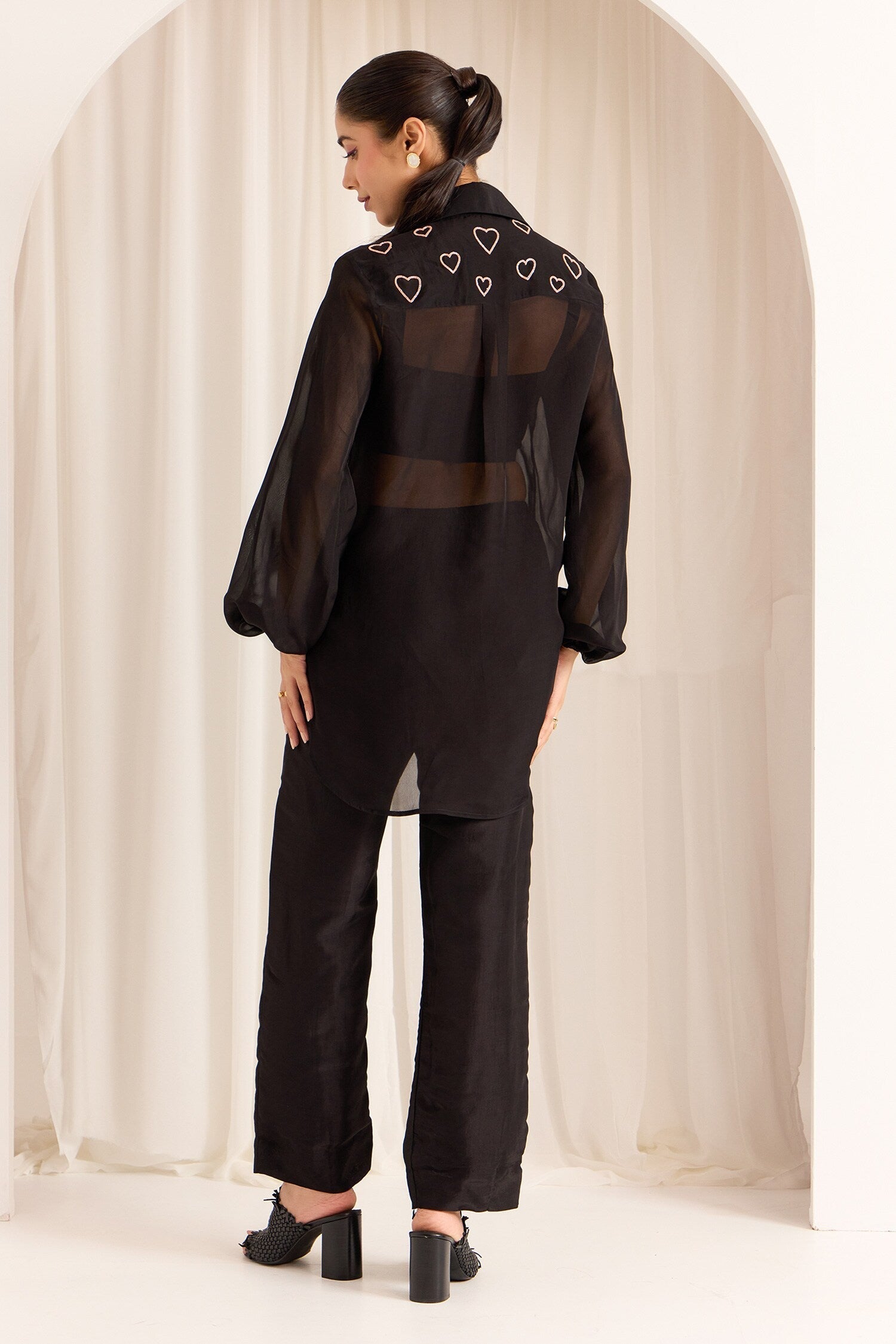Black Organza Embellished Bead Stand Collar High-low Shirt With Pant