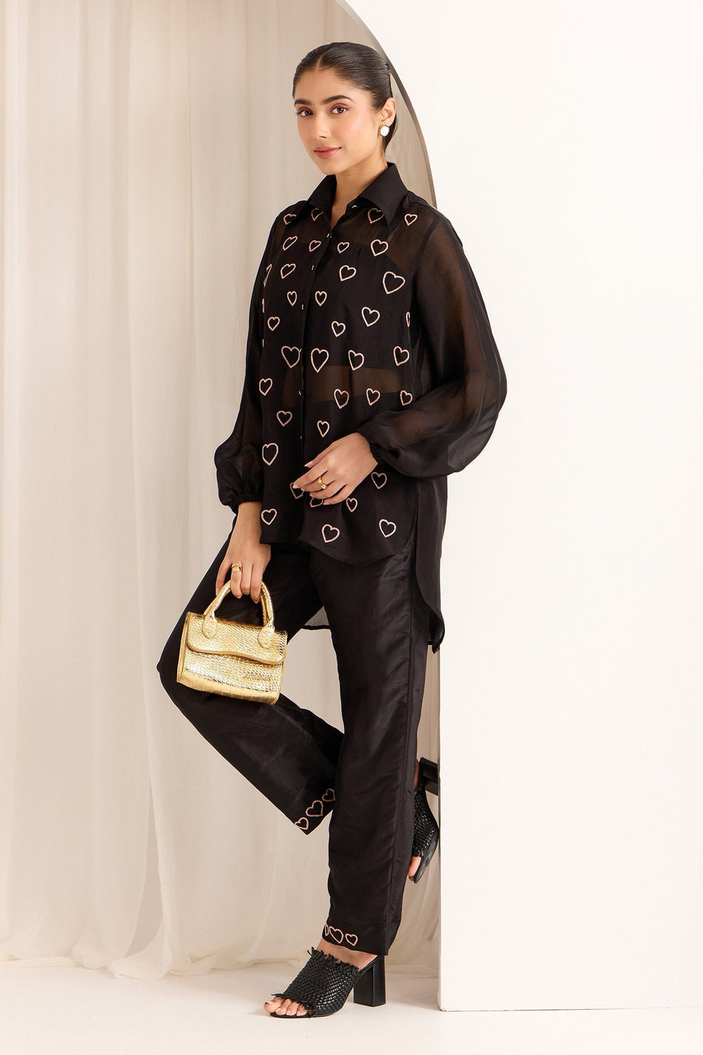 Black Organza Embellished Bead Stand Collar High-low Shirt With Pant