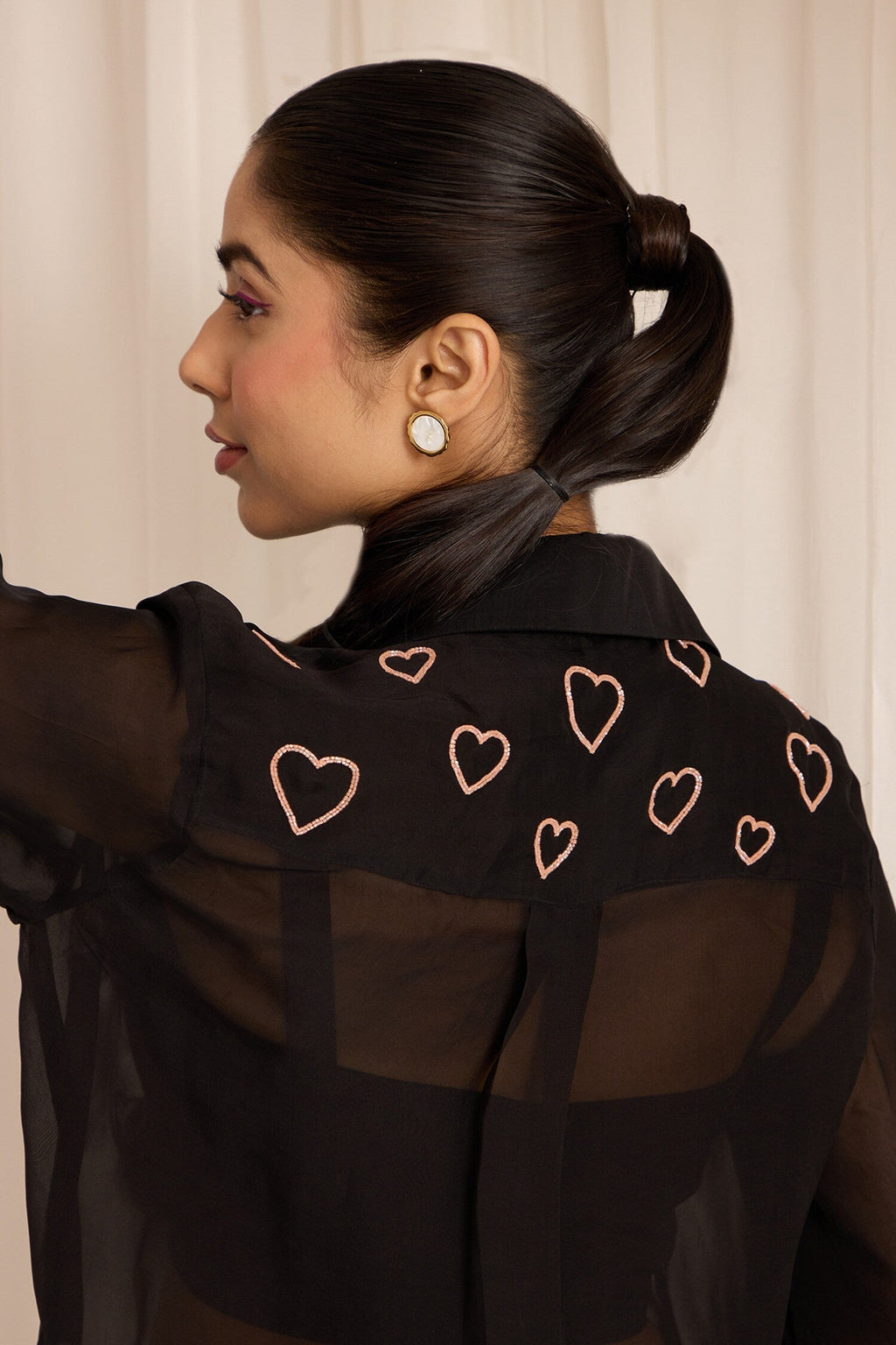 Black Organza Embellished Bead Stand Collar High-low Shirt With Pant