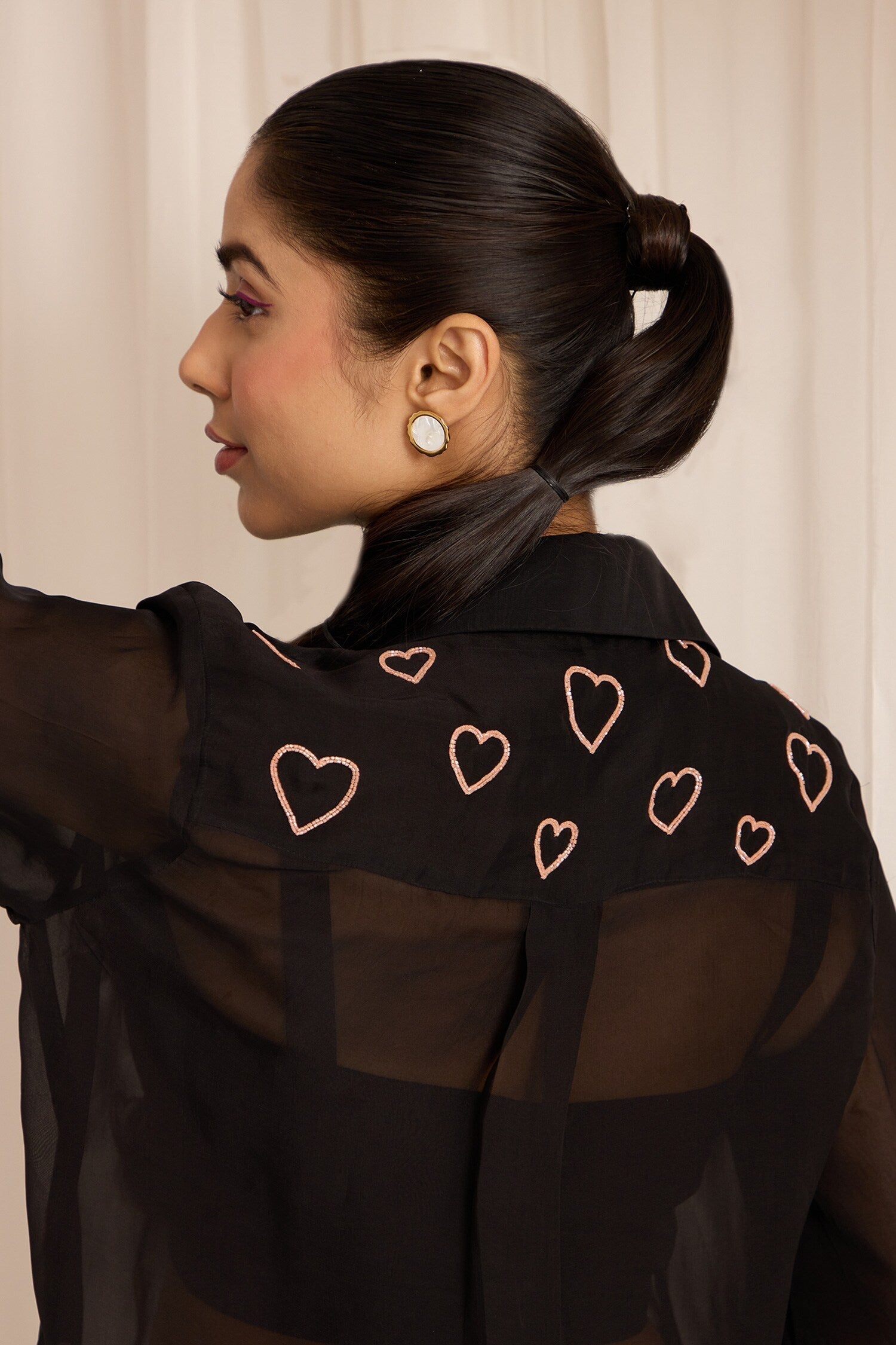 Black Organza Embellished Bead Stand Collar High-low Shirt With Pant