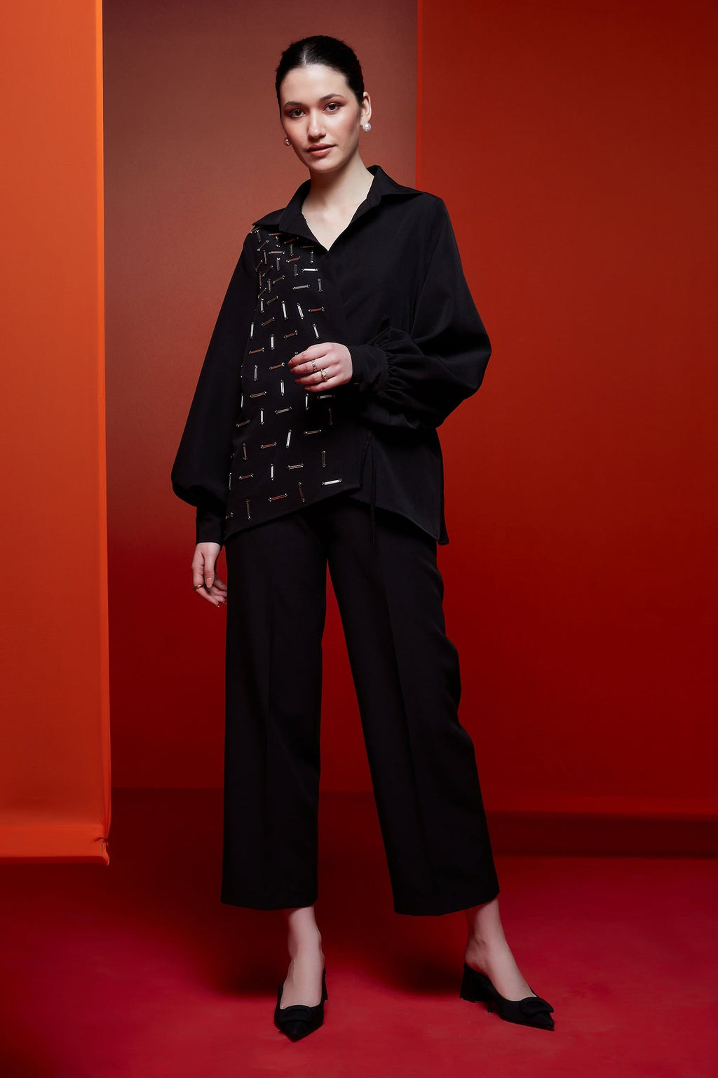 Black Luxury Crepe Embroidered Metallic Beads Wrap It Around Top With Pant