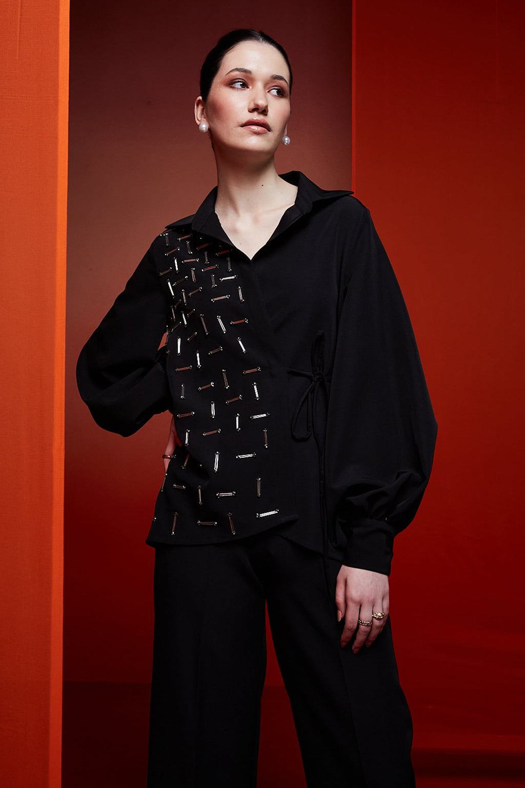 Black Luxury Crepe Embroidered Metallic Beads Wrap It Around Top With Pant