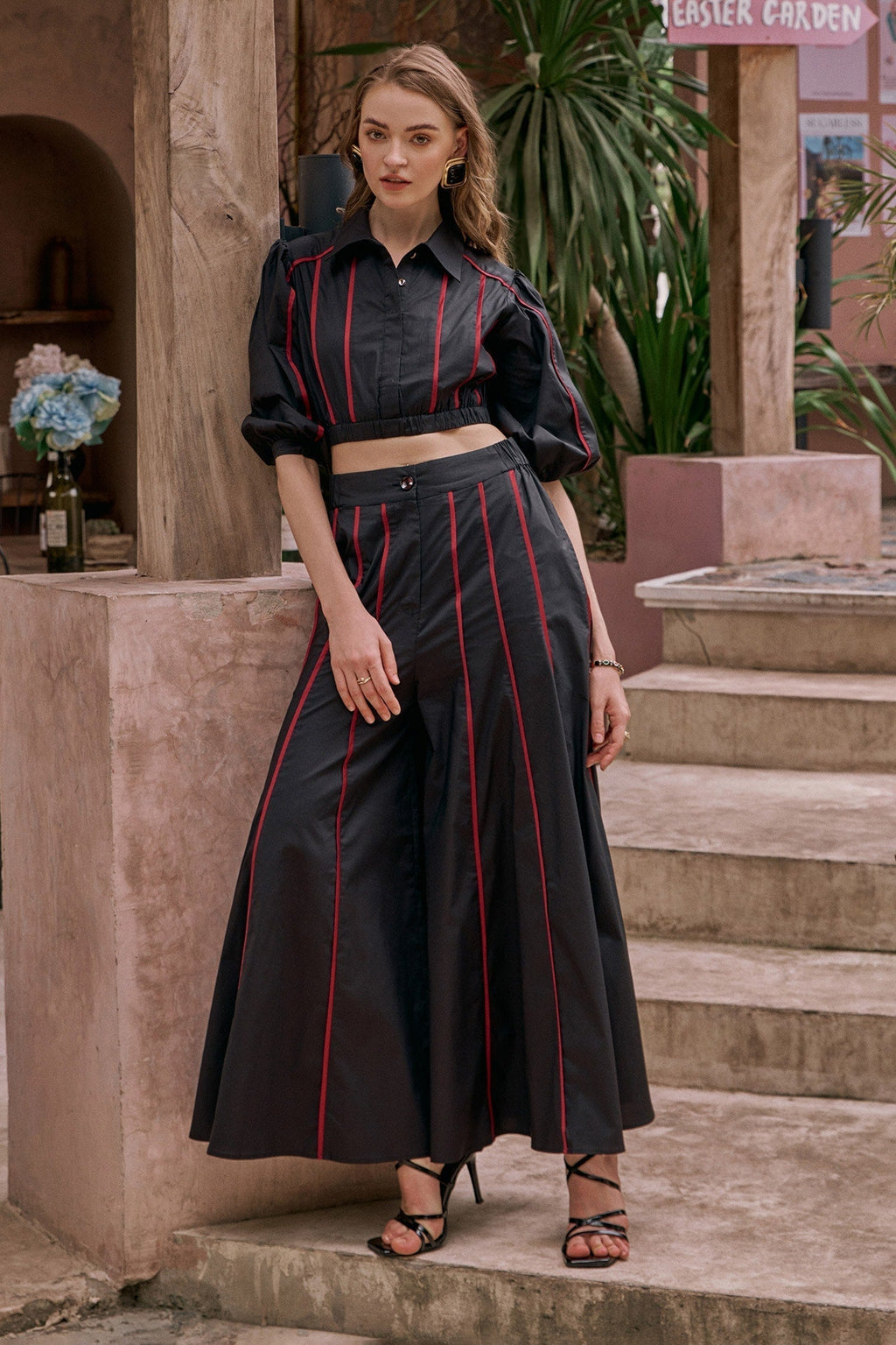 Black 100% Cotton Poplin Embellished Pipe Collar Nate Top And Pant Set