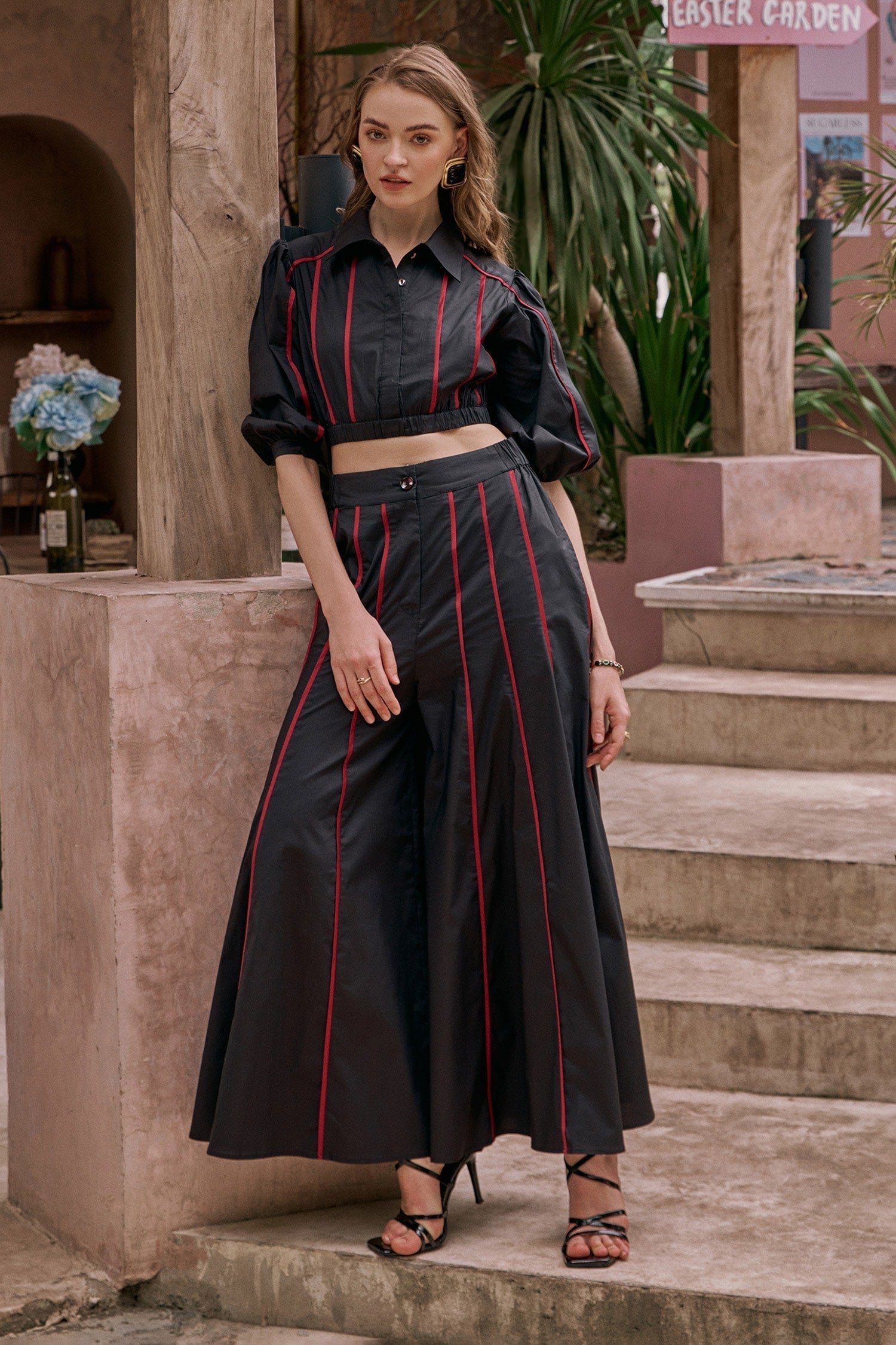 Black 100% Cotton Poplin Embellished Pipe Collar Nate Top And Pant Set