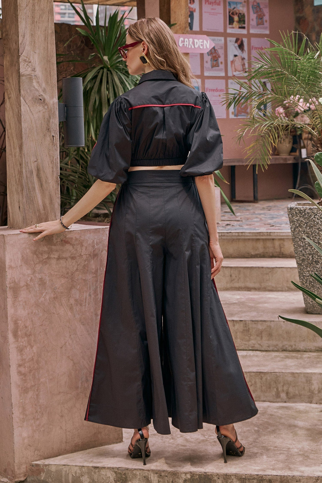 Black 100% Cotton Poplin Embellished Pipe Collar Nate Top And Pant Set