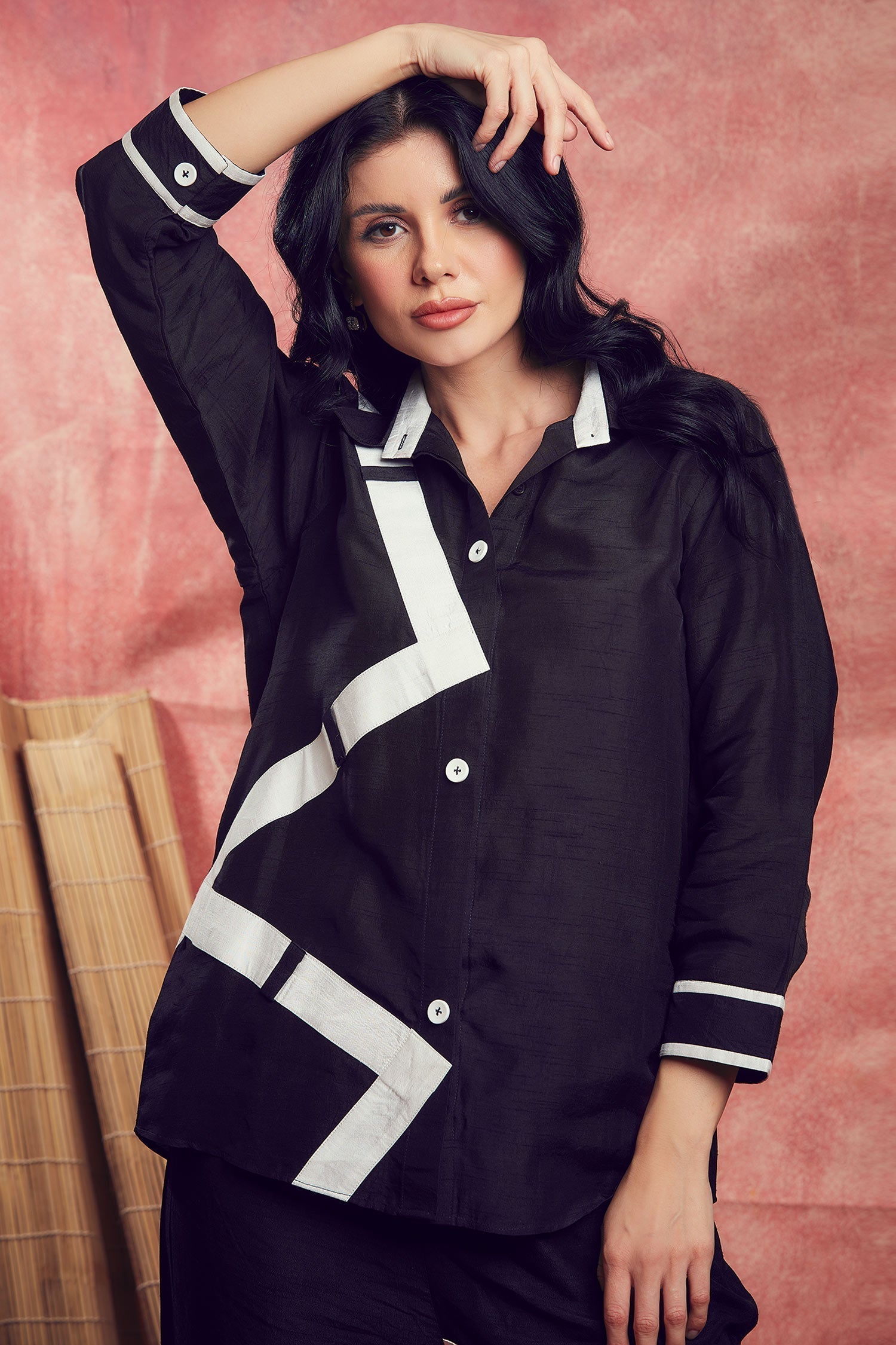 Black Dupion Silk Patchwork Zig Zag Collar Shirt And Pant Set