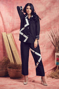 Black Dupion Silk Patchwork Zig Zag Collar Shirt And Pant Set
