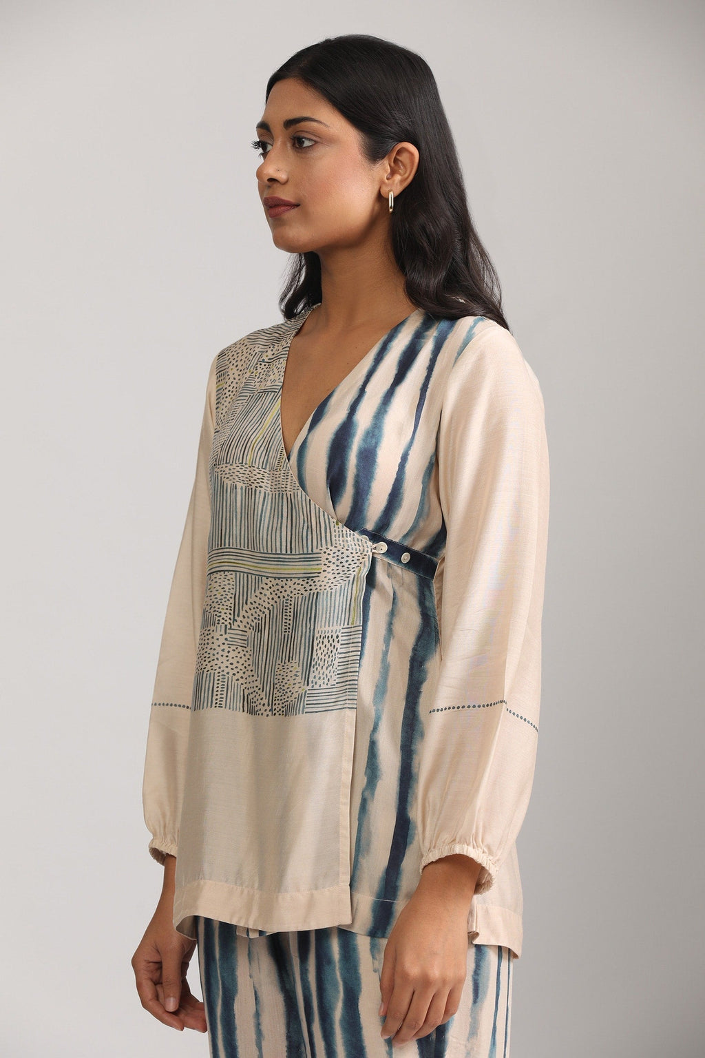 Beige Cotton Silk Printed Geometric V Neck Wrap Top And Pant Set