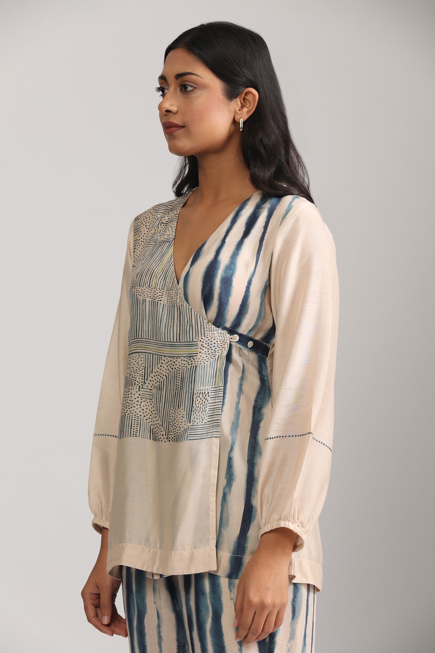 Beige Cotton Silk Printed Geometric V Neck Wrap Top And Pant Set