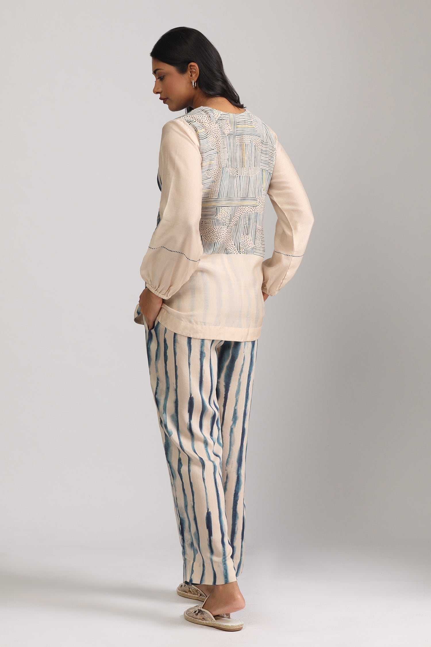 Beige Cotton Silk Printed Geometric V Neck Wrap Top And Pant Set