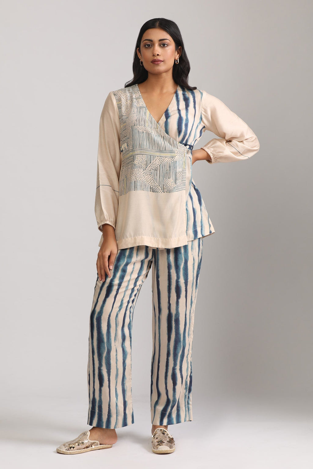 Beige Cotton Silk Printed Geometric V Neck Wrap Top And Pant Set