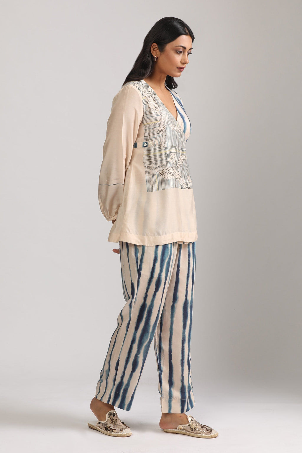 Beige Cotton Silk Printed Geometric V Neck Wrap Top And Pant Set