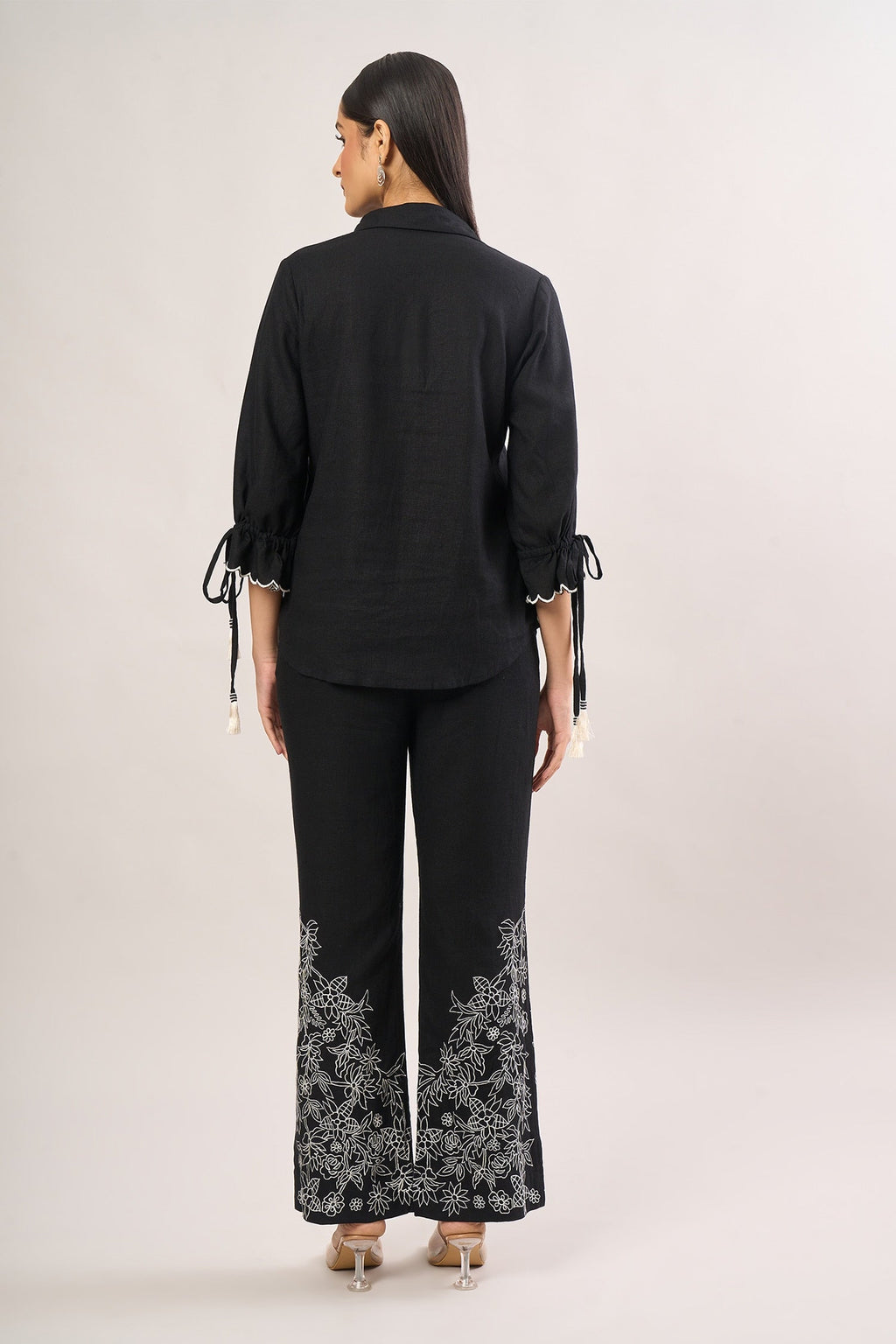 Black Embroidery Floral Collar Shirt And Pant Set