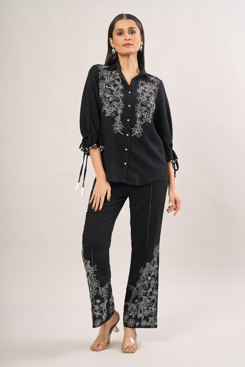 Black Embroidery Floral Collar Shirt And Pant Set