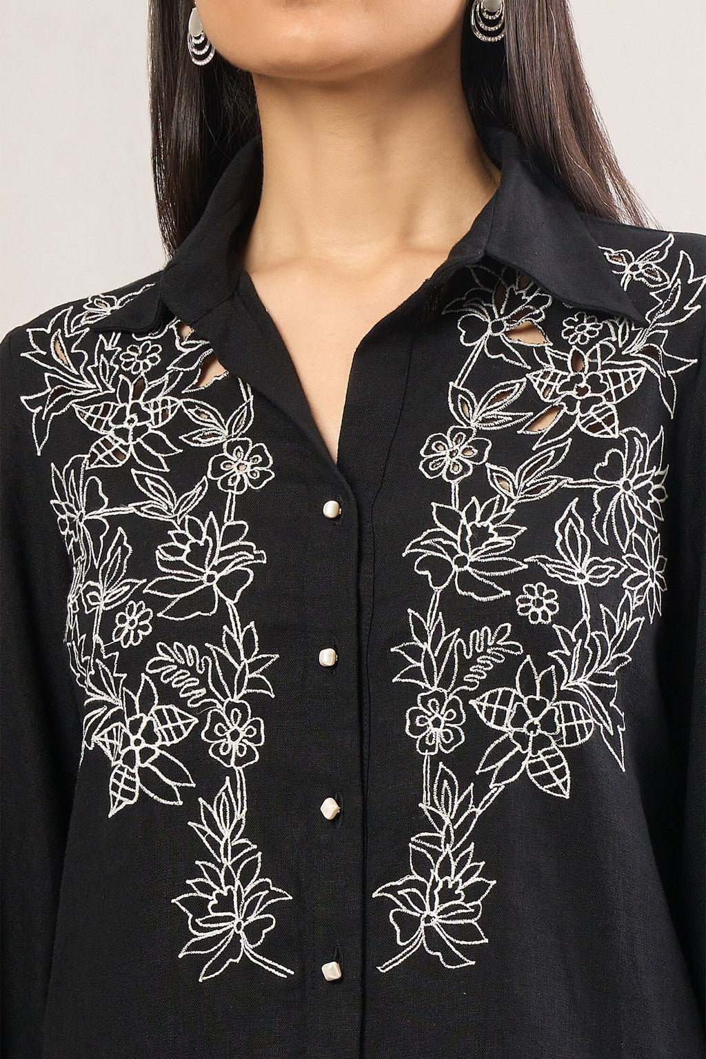 Black Embroidery Floral Collar Shirt And Pant Set