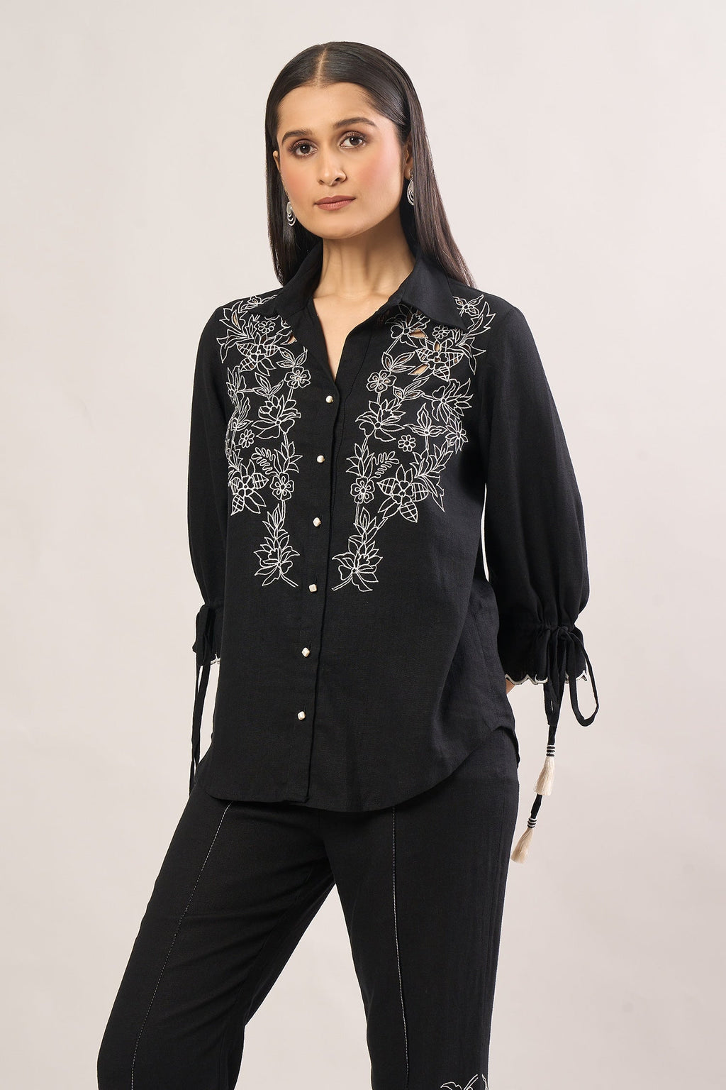 Black Embroidery Floral Collar Shirt And Pant Set