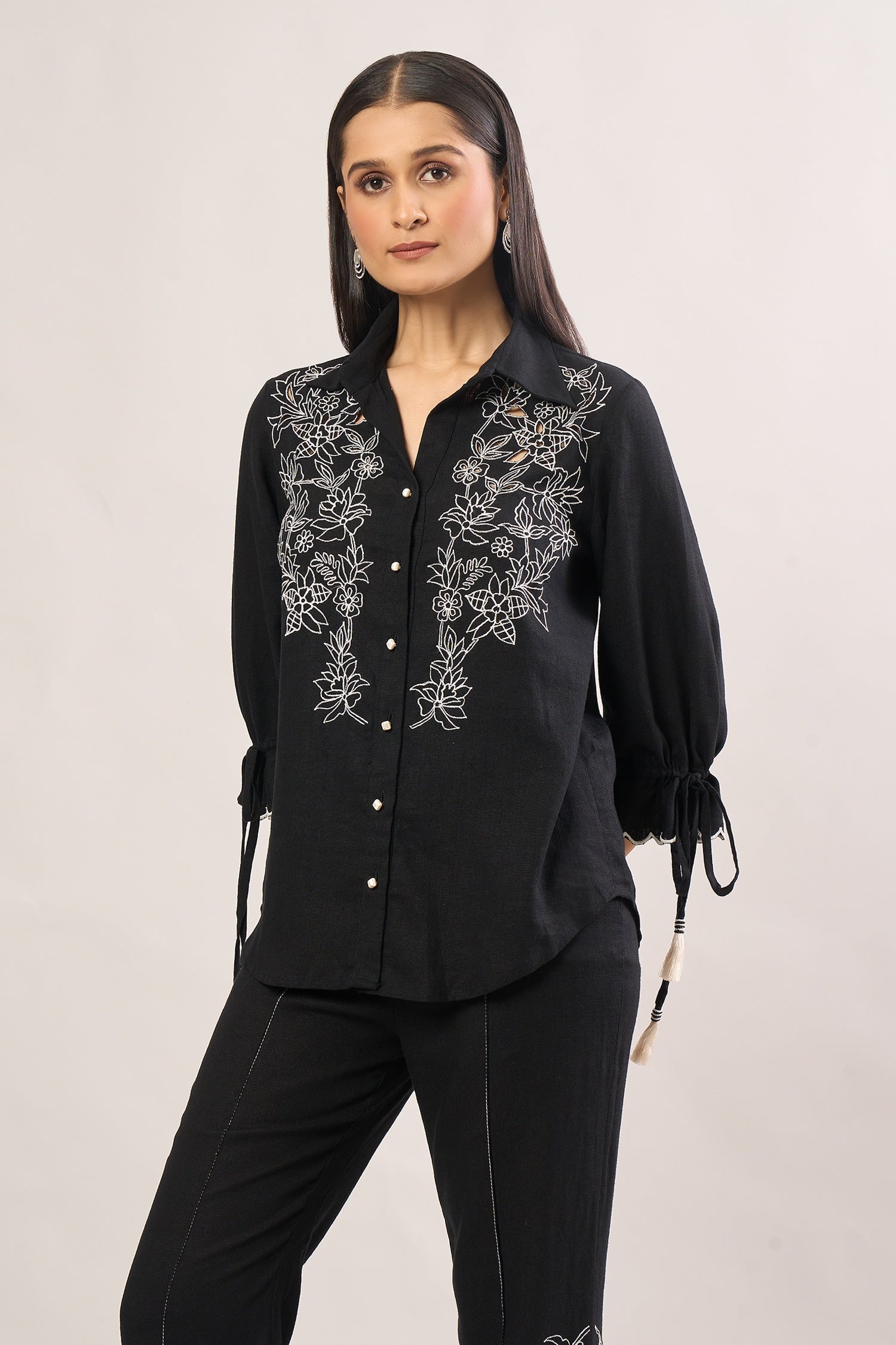 Black Embroidery Floral Collar Shirt And Pant Set