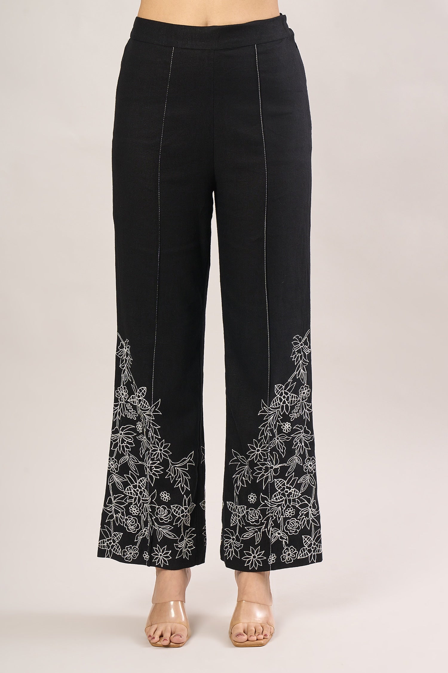 Black Embroidery Floral Collar Shirt And Pant Set
