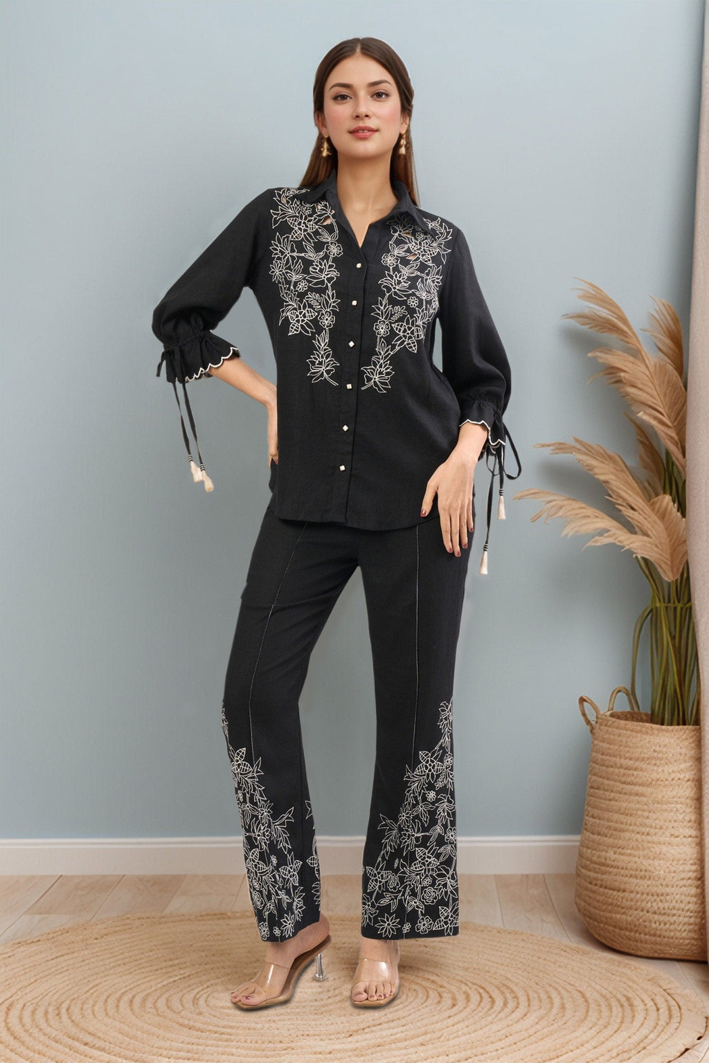 Black Embroidery Floral Collar Shirt And Pant Set
