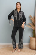 Black Embroidery Floral Collar Shirt And Pant Set