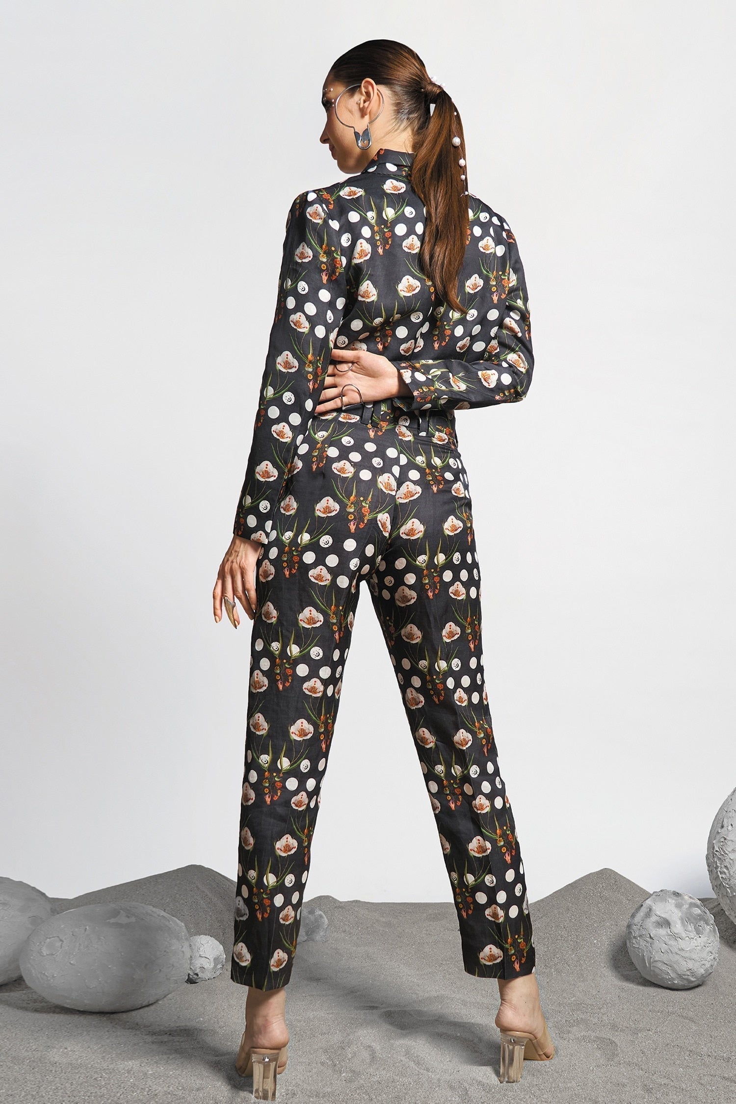 Black Cotton Print Moon Odyssey Lapel Collar Cropped Blazer And Pant Set For Women