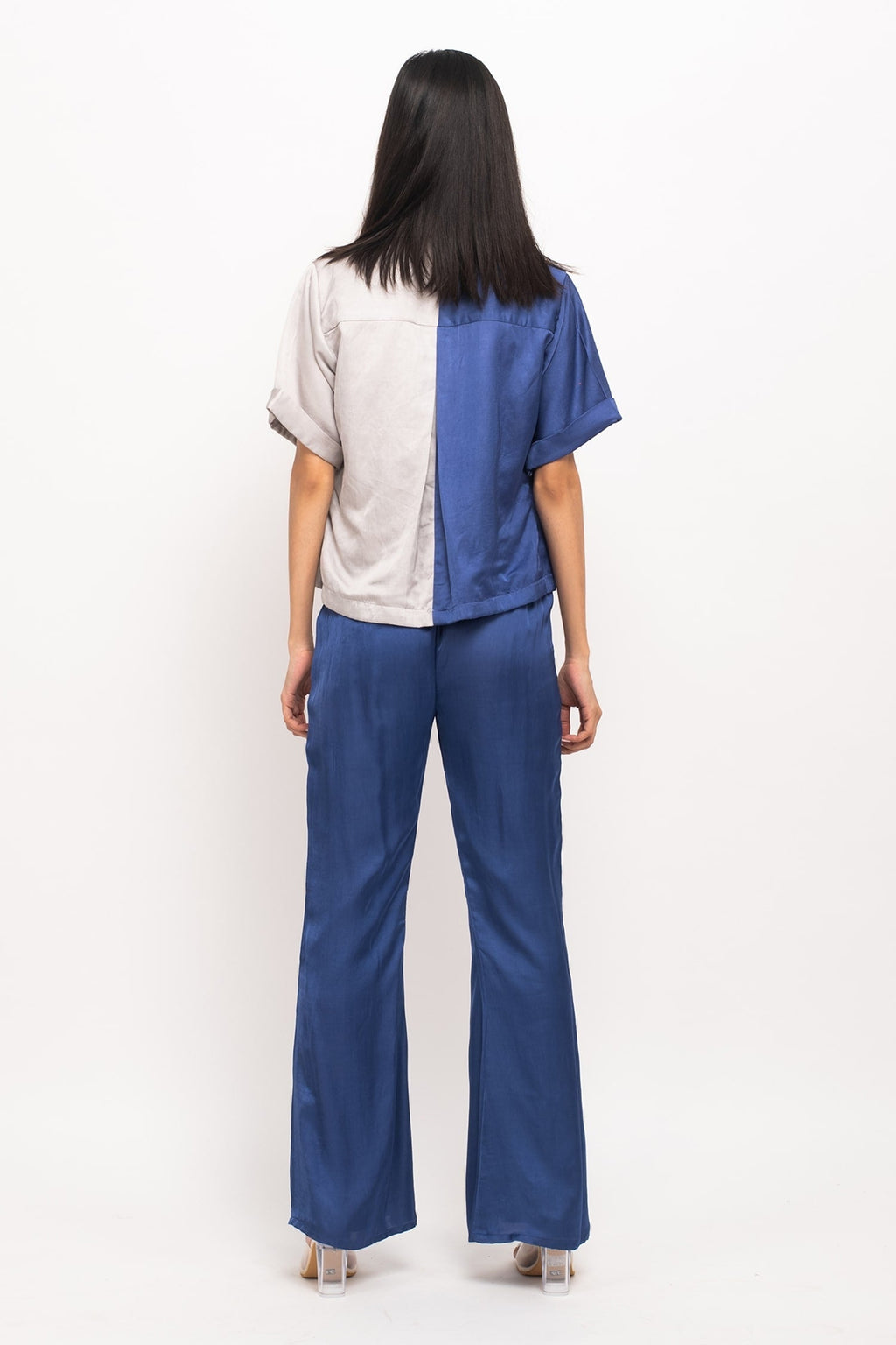 Blue Bemberg Modal Silk Colorblock Crop Shirt And Pant Set