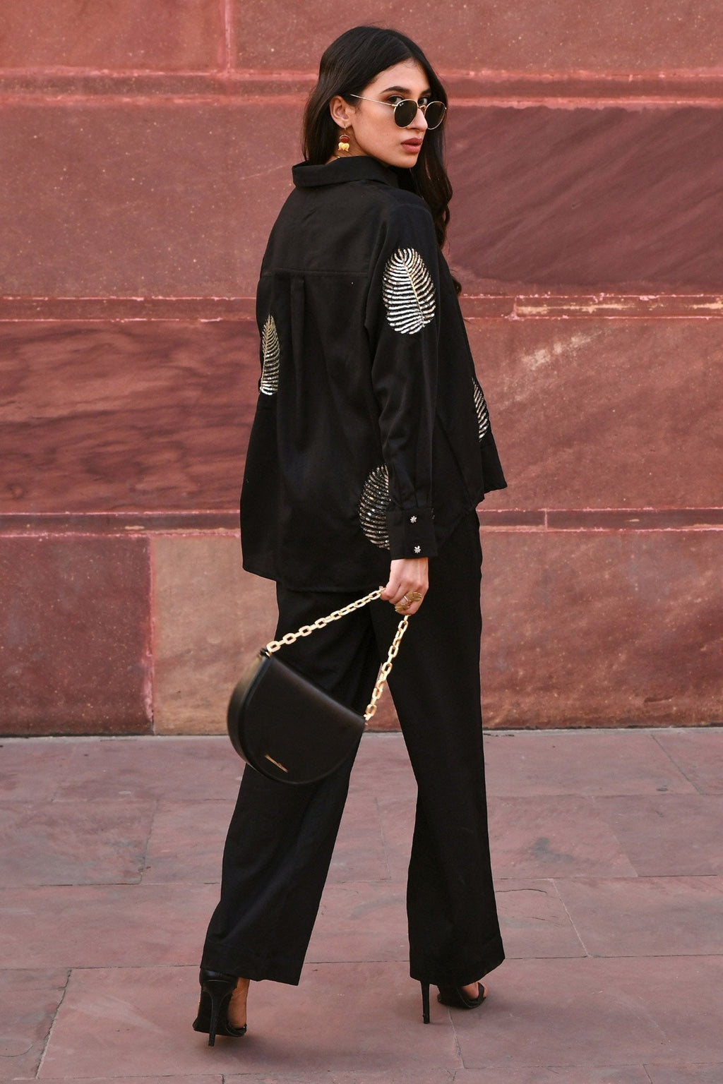 Black Cotton Embroidered Shirt And Pant Set