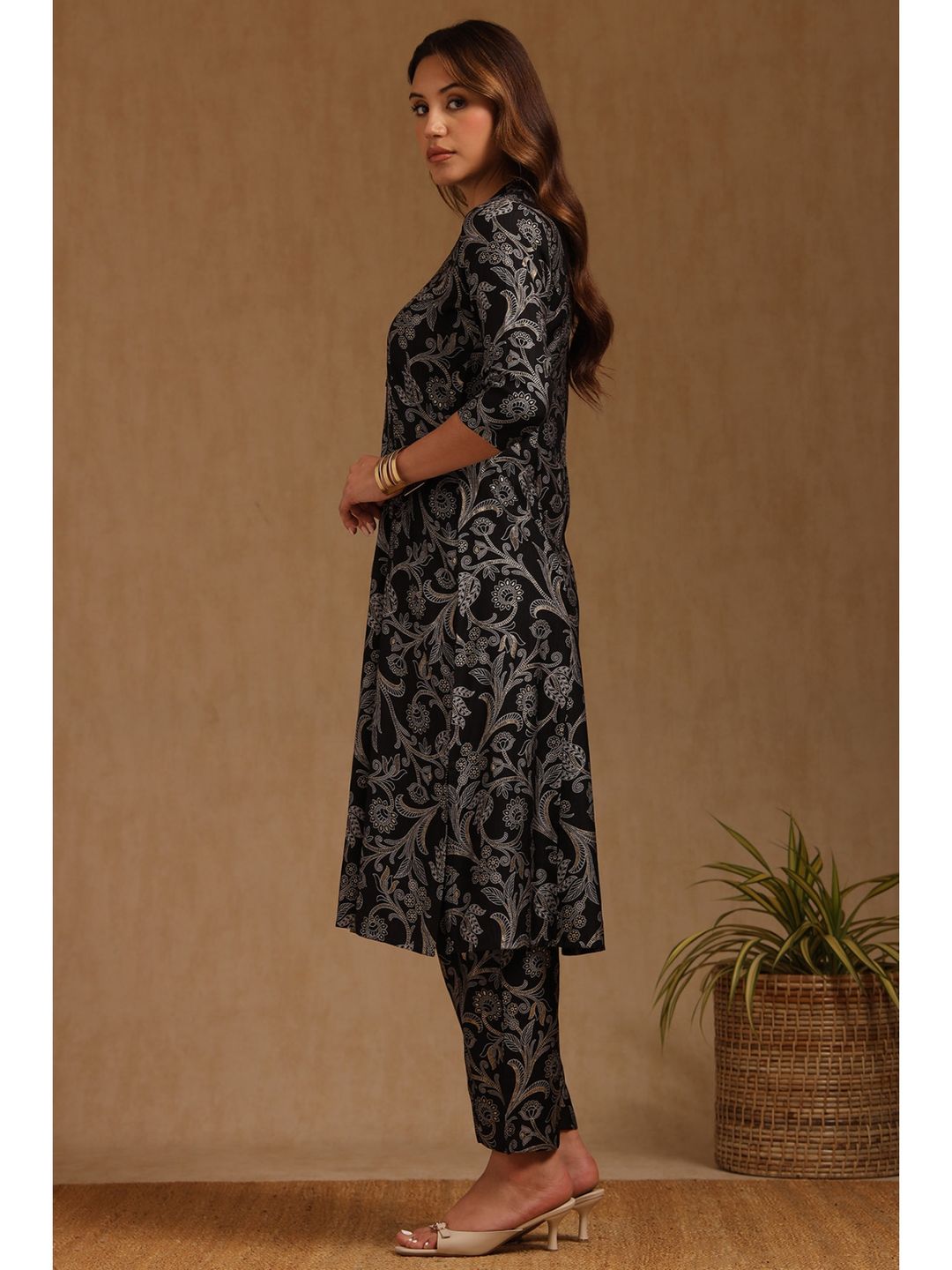 Black Art Silk Botanical Print Co-Ord Set