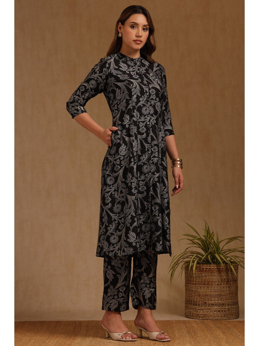 Black Art Silk Botanical Print Co-Ord Set