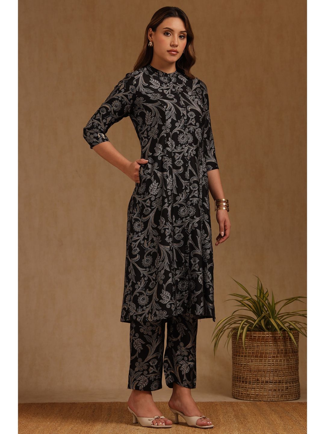 Black Art Silk Botanical Print Co-Ord Set