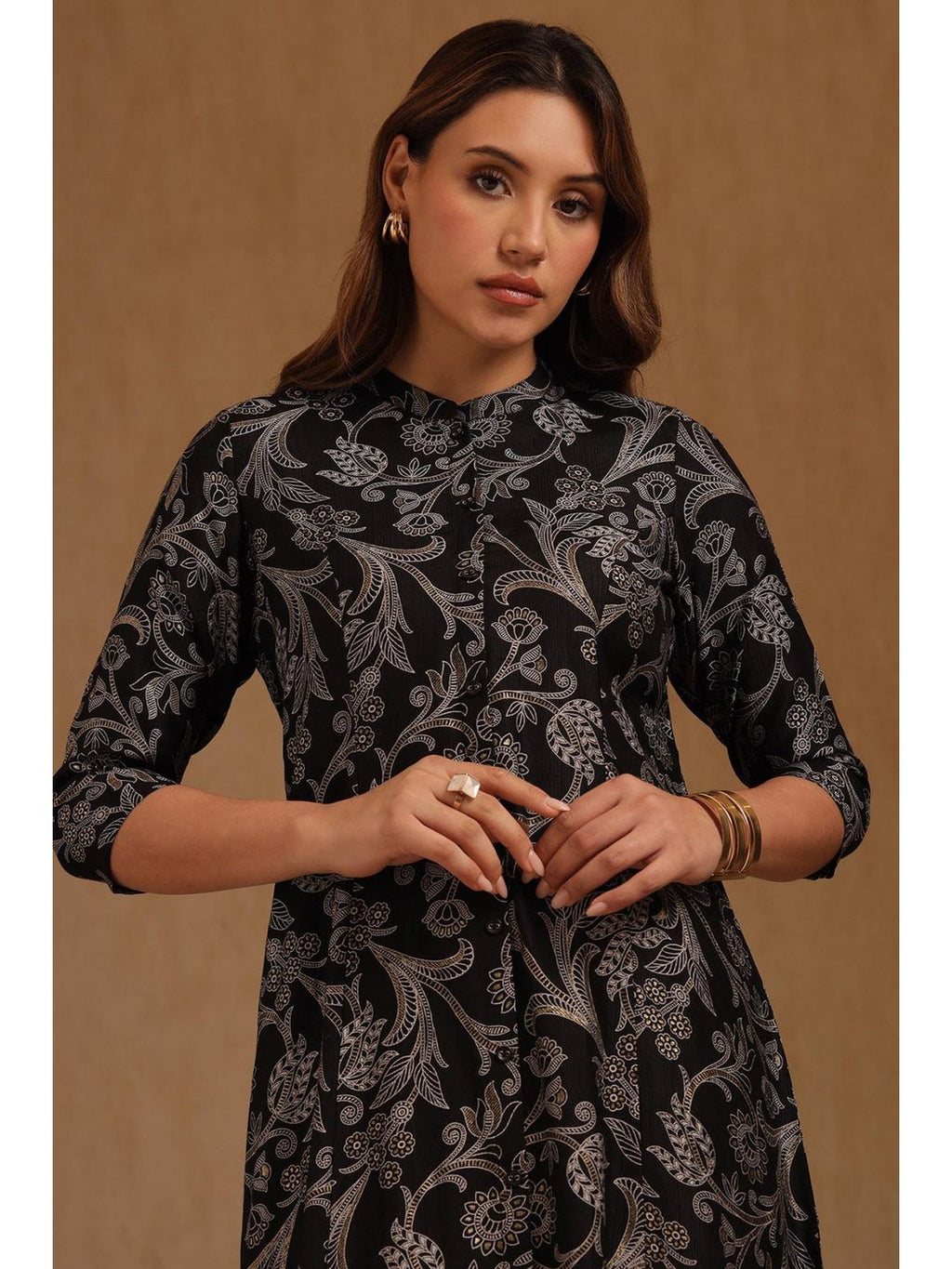 Black Art Silk Botanical Print Co-Ord Set