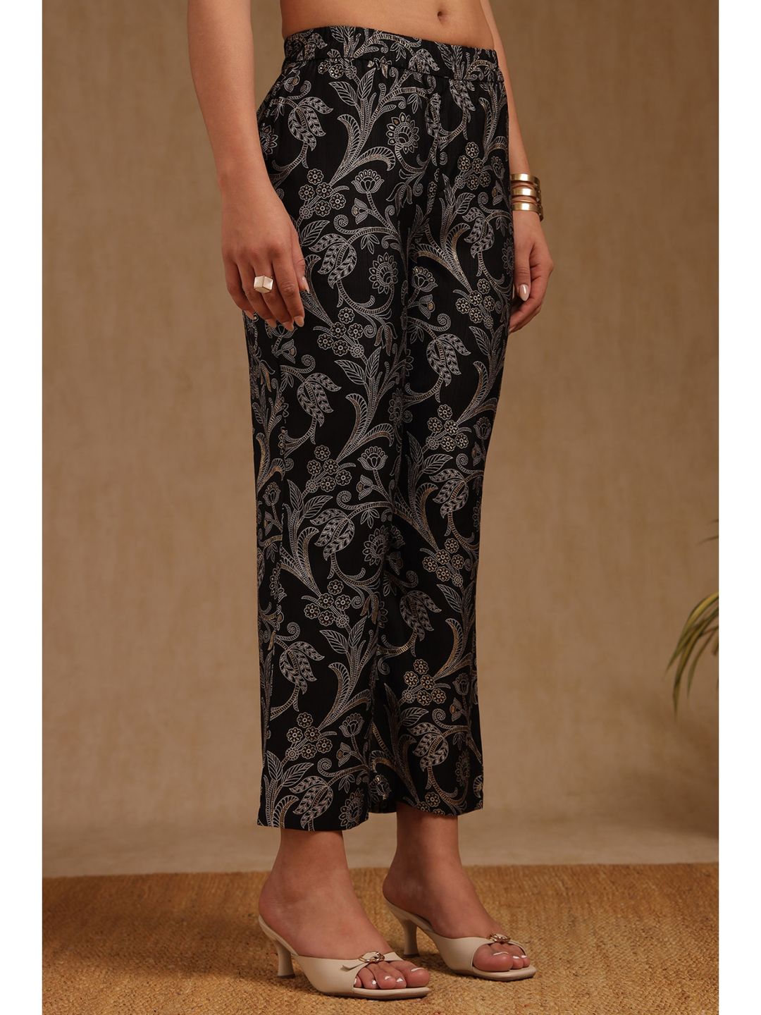 Black Art Silk Botanical Print Co-Ord Set