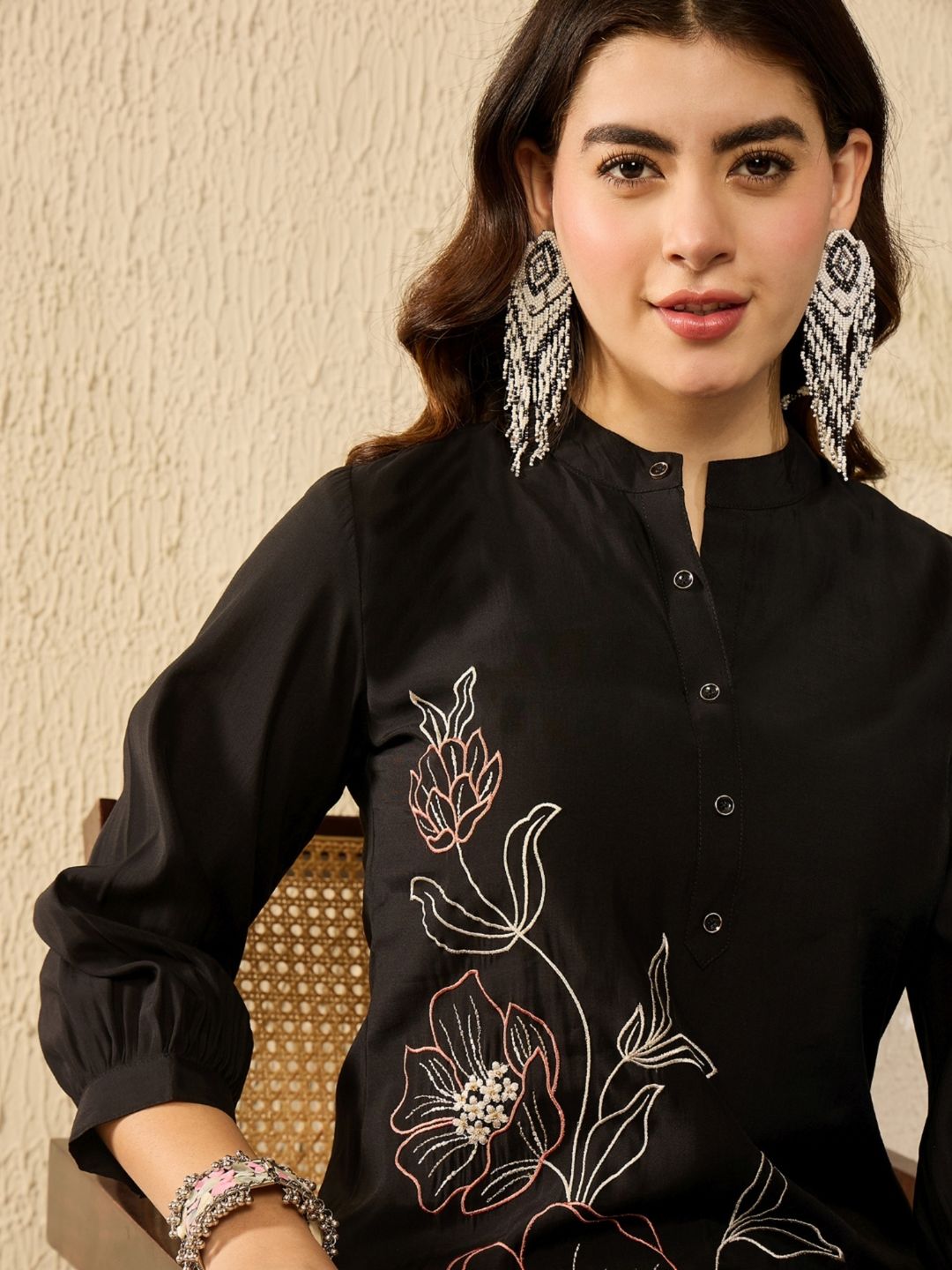 Black Silk Blend Embroidered Tunic and Trousers Co-Ord