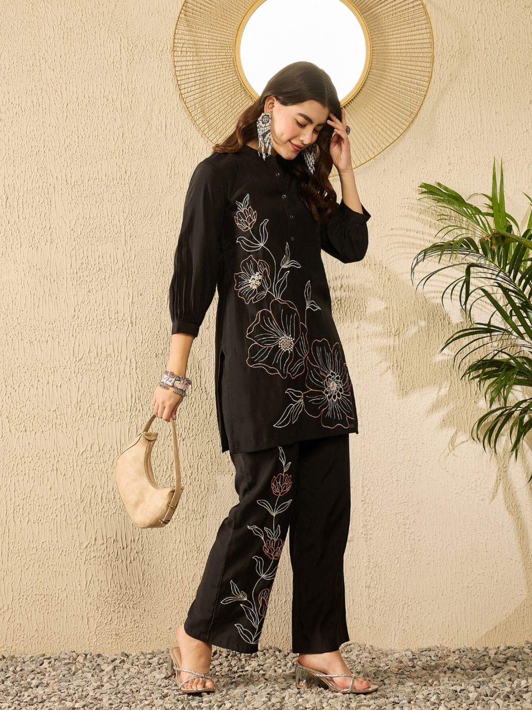 Black Silk Blend Embroidered Tunic and Trousers Co-Ord
