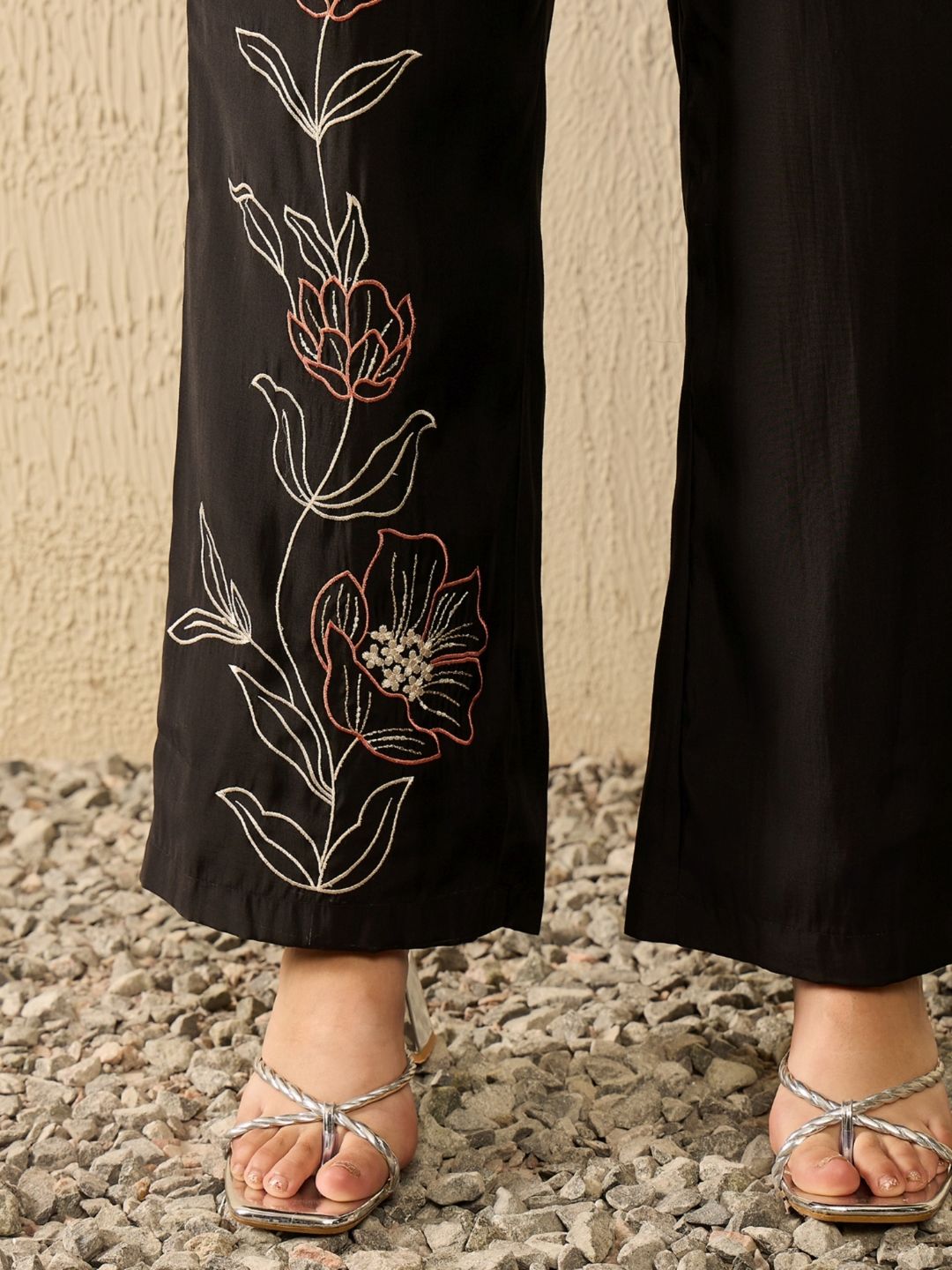 Black Silk Blend Embroidered Tunic and Trousers Co-Ord