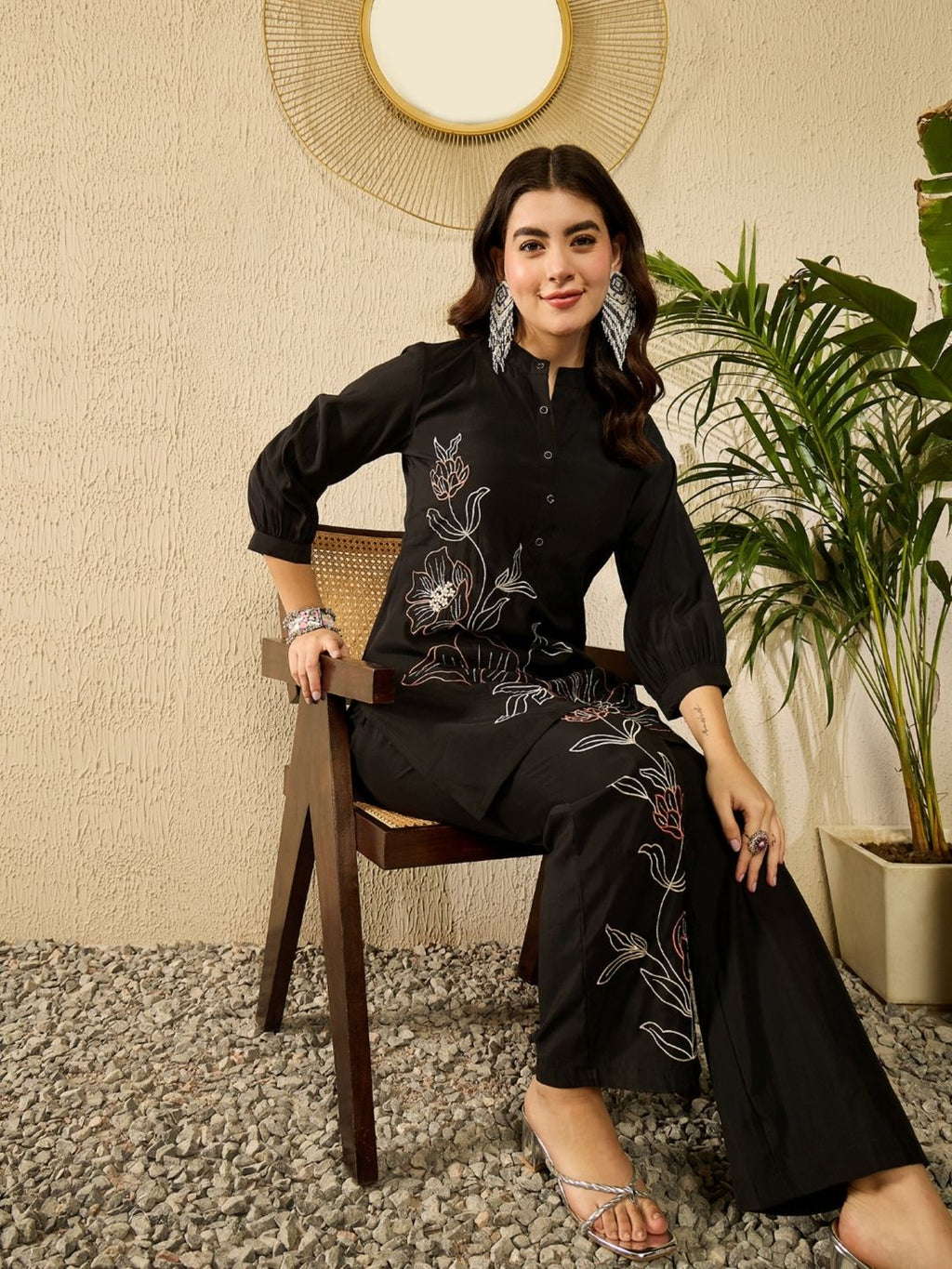 Black Silk Blend Embroidered Tunic and Trousers Co-Ord