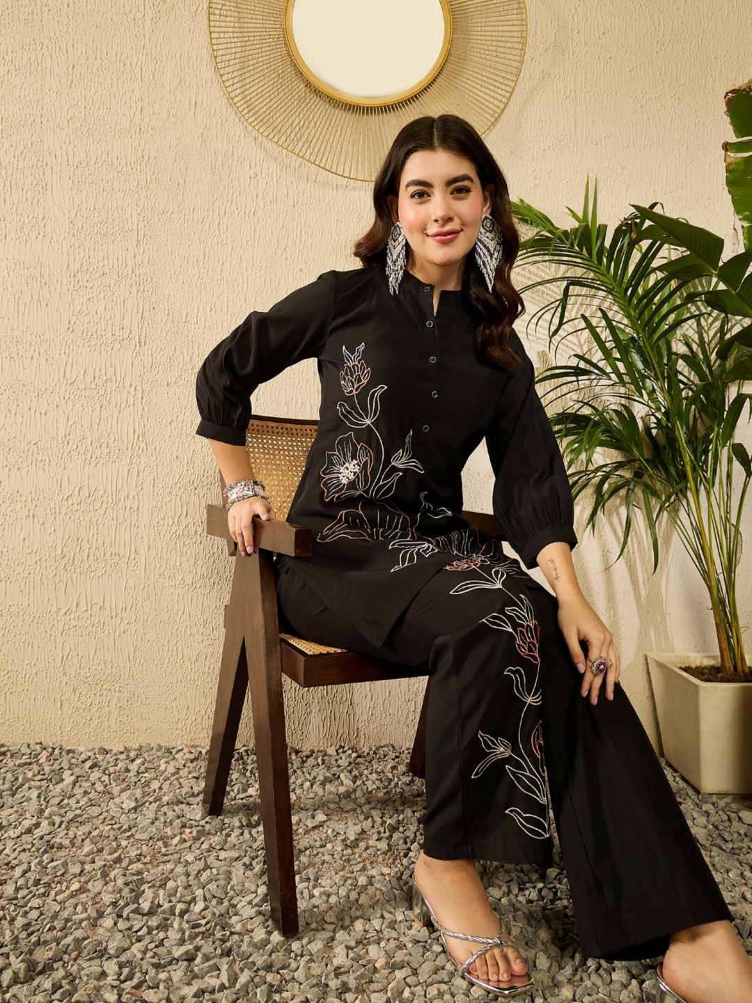 Black Silk Blend Embroidered Tunic and Trousers Co-Ord