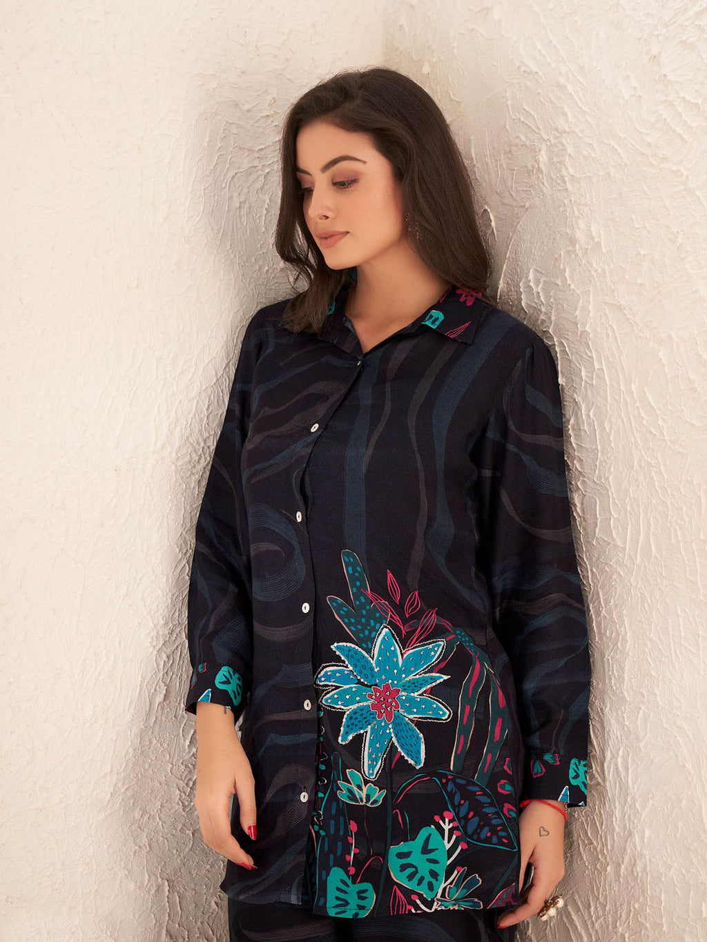 Black Floral Sequins Viscose Shirt Pant with Bustier (Set of 3)