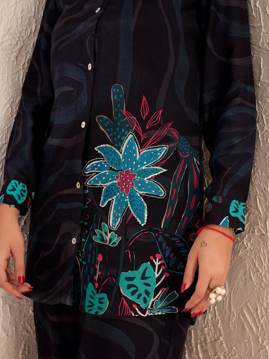 Black Floral Sequins Viscose Shirt Pant with Bustier (Set of 3)