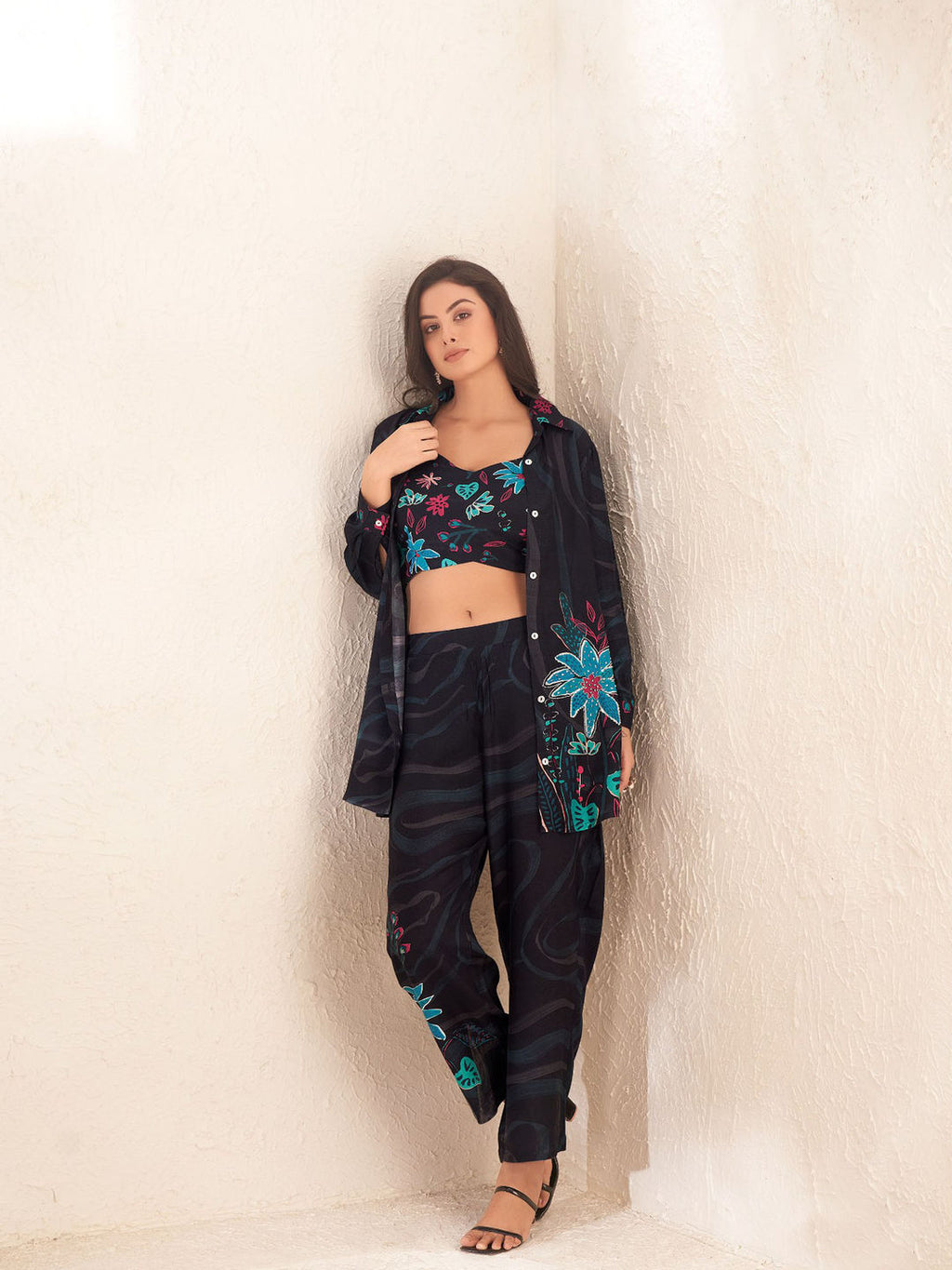 Black Floral Sequins Viscose Shirt Pant with Bustier (Set of 3)