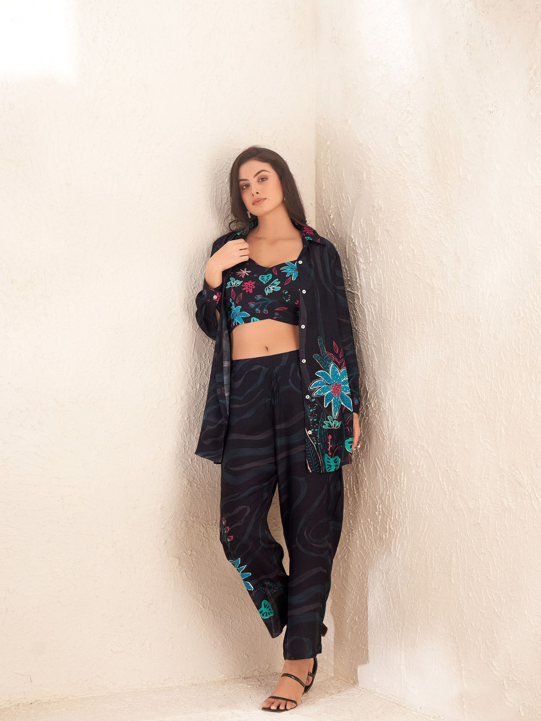 Black Floral Sequins Viscose Shirt Pant with Bustier (Set of 3)