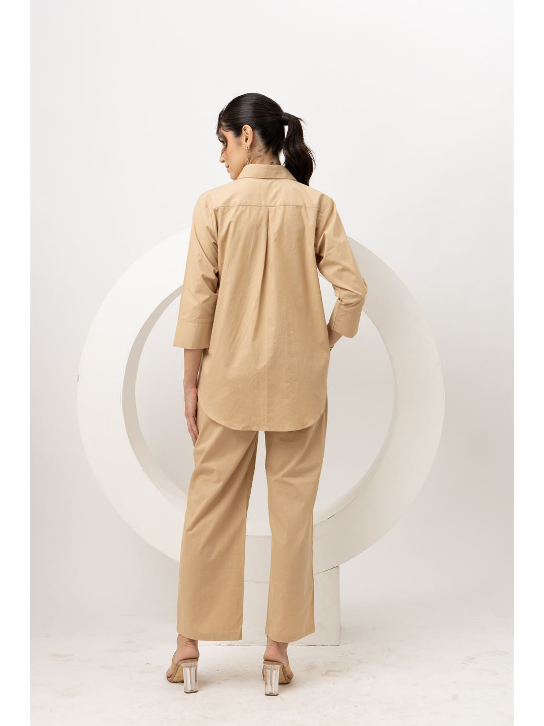 Beige Cotton Crystal Embroidered Co-Ord (Set of 2)