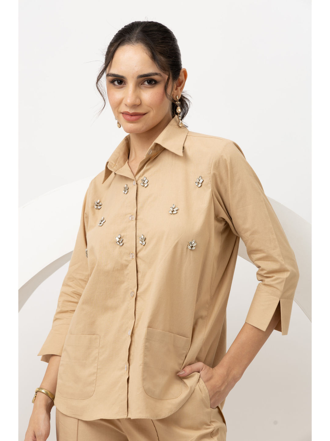 Beige Cotton Crystal Embroidered Co-Ord (Set of 2)