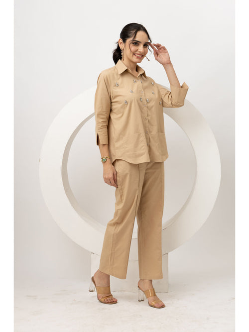 Beige Cotton Crystal Embroidered Co-Ord (Set of 2)