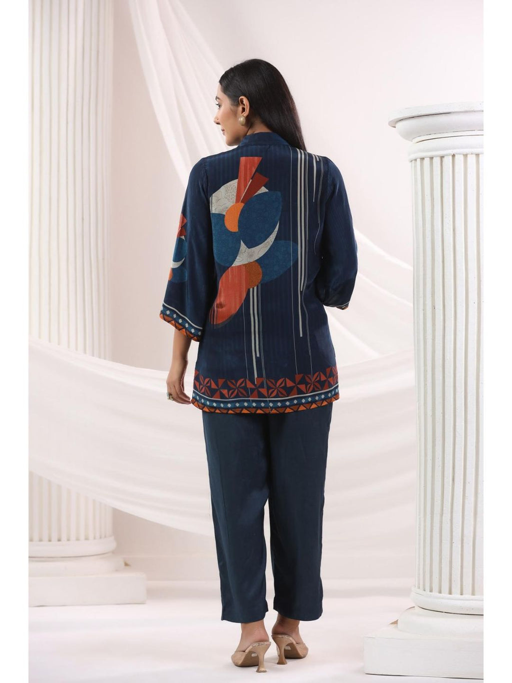 Blue Collar Neck Three Fourth Sleeves Top and Pant Co-Ord Set